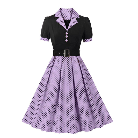 Women's Fashion Polka Dot Lapel Short Sleeved Belt Slim Fit Summer/Spring Dress